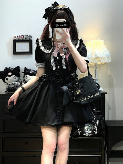 Lace Blue/White/Pink/Black Kei Trim Jirai Details Shorts Dress With Overall Bowknot