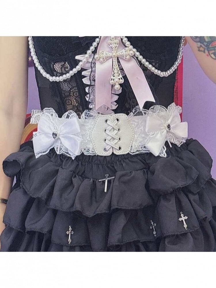 Lace Trim Belt Bow Decoration - Peach Captain