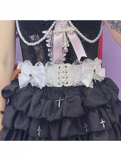 Lace Trim Belt Bow Decoration - Peach Captain