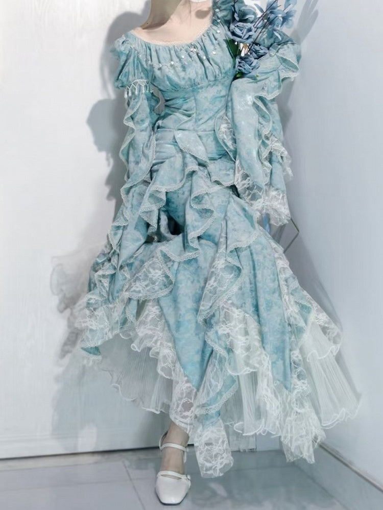 Long Ruffles Light Sleeves Boned Mermaid Dress Blue Waist Cascading Lolita