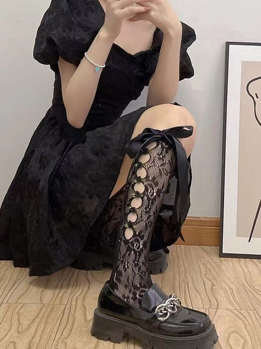 Cutout 3 Rose Side with Lace Ribbon Colors Socks 3D Decorations Bow Calf Lolita