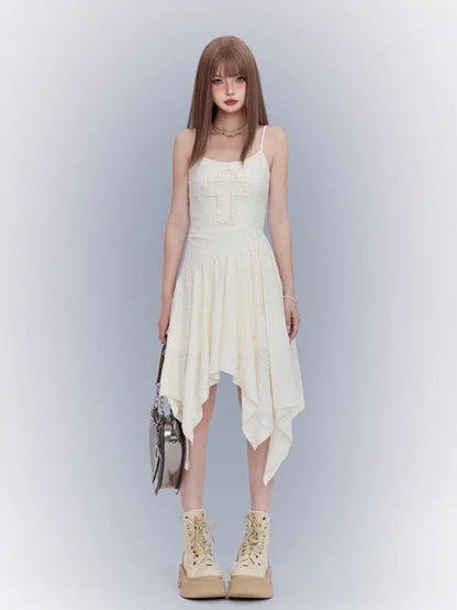 アプリコット アシンメトリー キャミワンピース パンク ウエストライン クロスディテール ハンカチヘム ウェイストランド