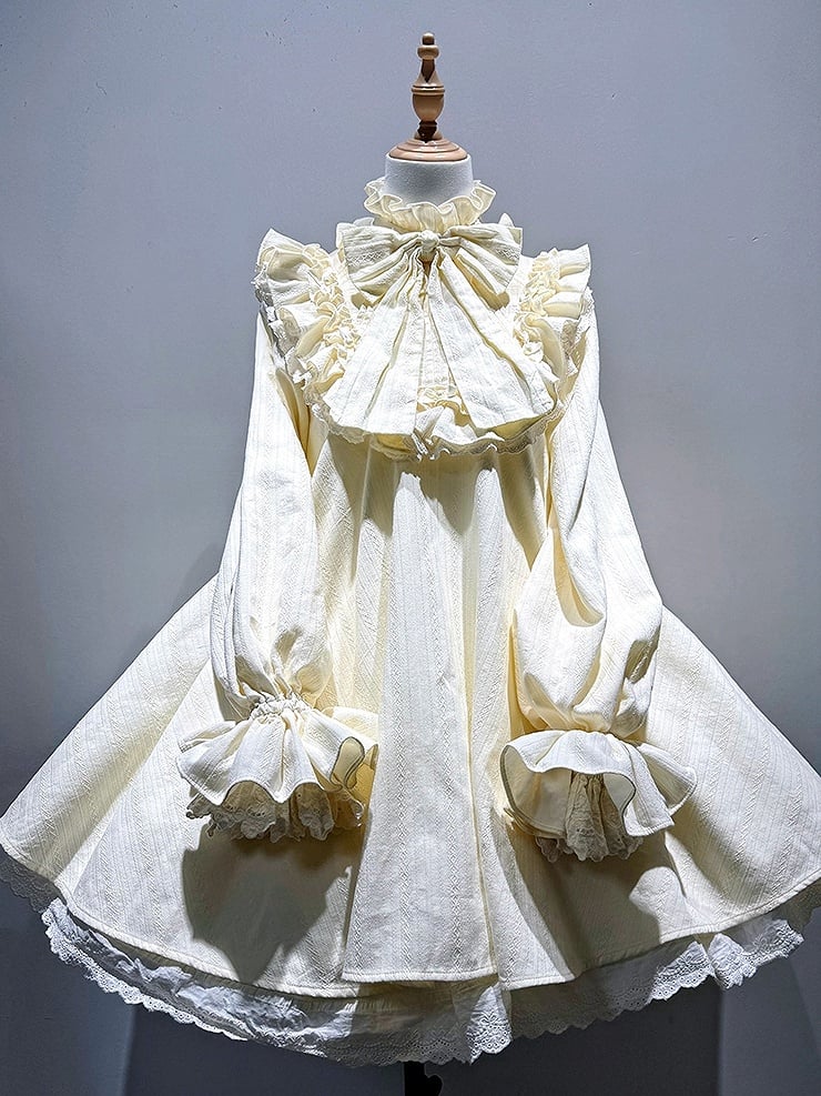 Beige Ärmel Rüschen Langes Kleid Baumwolle Schleife Süß Großer Hoher Lolita Hals