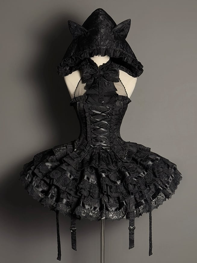 スカートセット ノースリーブ 黒 ロリータ ゴシック ティアード フルホルターネック トップ ブラック +