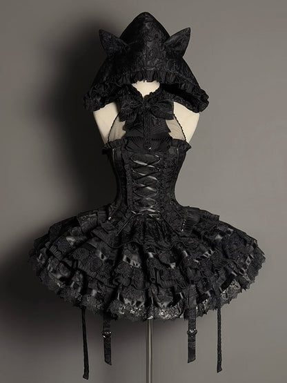 スカートセット ノースリーブ 黒 ロリータ ゴシック ティアード フルホルターネック トップ ブラック +