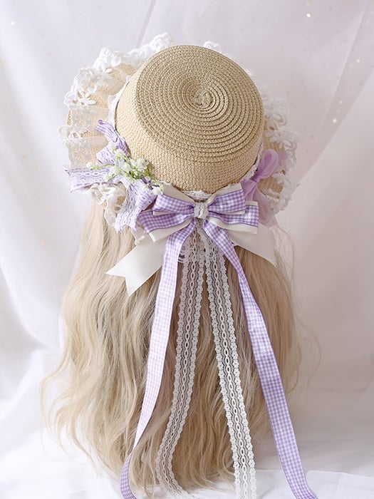 Gypsophila Lace Colors Gingham And Country Straw 5 Ribbon Bowknot Lolita Hat