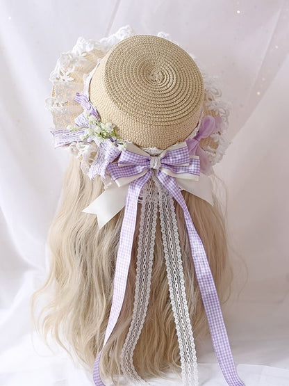 Gypsophila Lace Colors Gingham And Country Straw 5 Ribbon Bowknot Lolita Hat