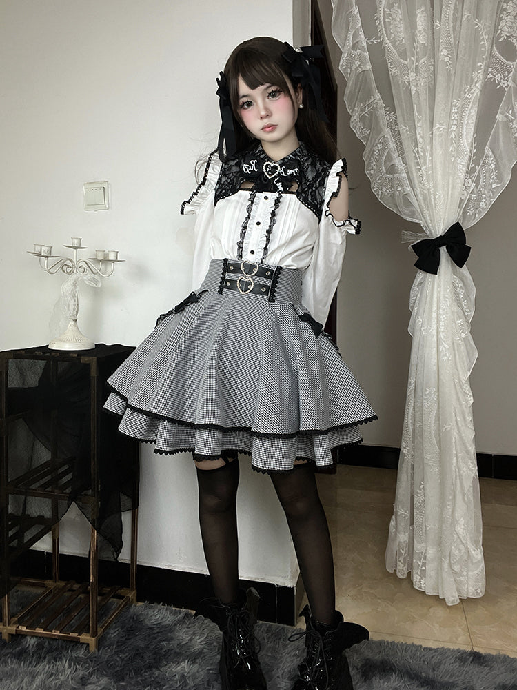 ブラック＆ホワイトの千鳥格子柄ダブルハートバックルリボンボウノットジライケイティアードスカート