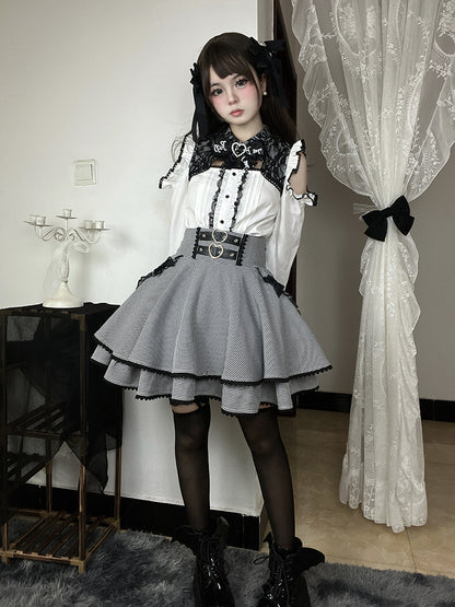 ブラック＆ホワイトの千鳥格子柄ダブルハートバックルリボンボウノットジライケイティアードスカート