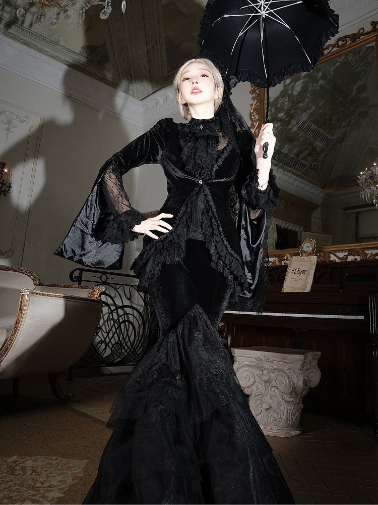Black Embroidered Lace Blouse with Velvet V-Neck Coat and Layered Mermaid Skirt - DevilInspired Exclusive Collection