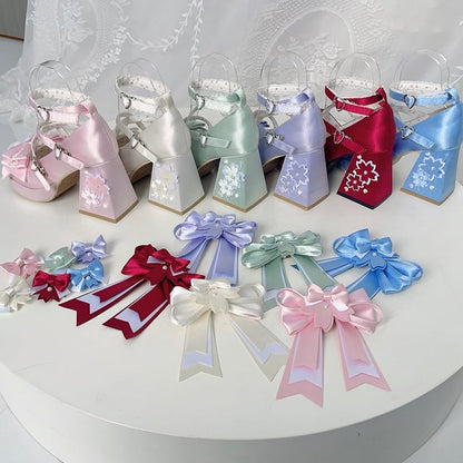 Jane Block Motif in Fastener Heart with Blossom Heel Green Bow Satin High Sweet Accents Shoes Cherry Mary Loltia