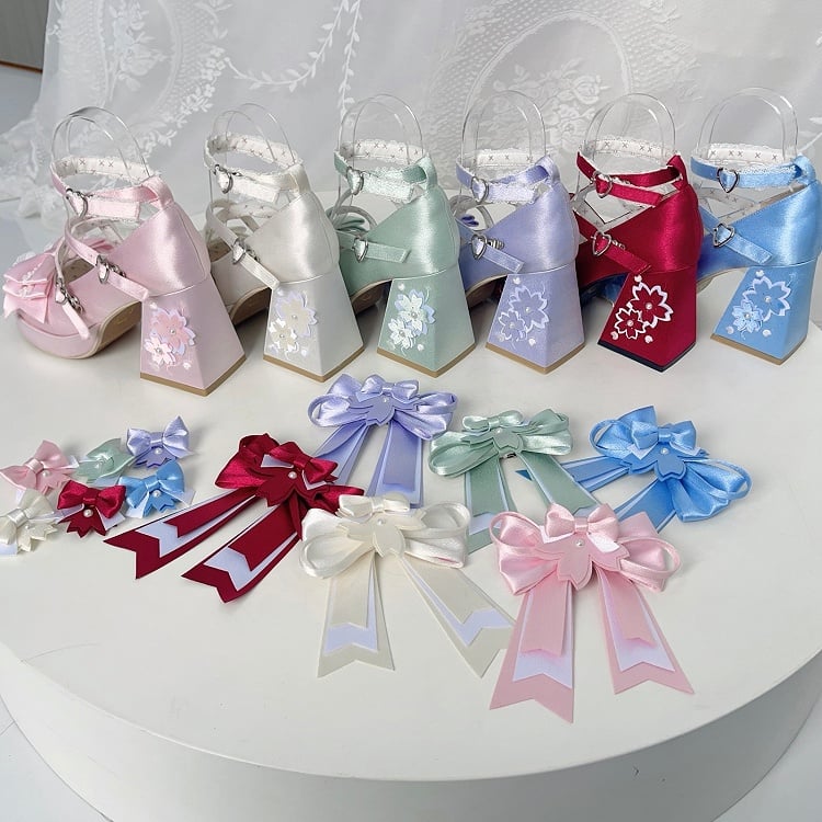 Details Crisscross - Embroidered High Pink with Platform Bow Design Floral Lolita Heel Sweet Block Shoes