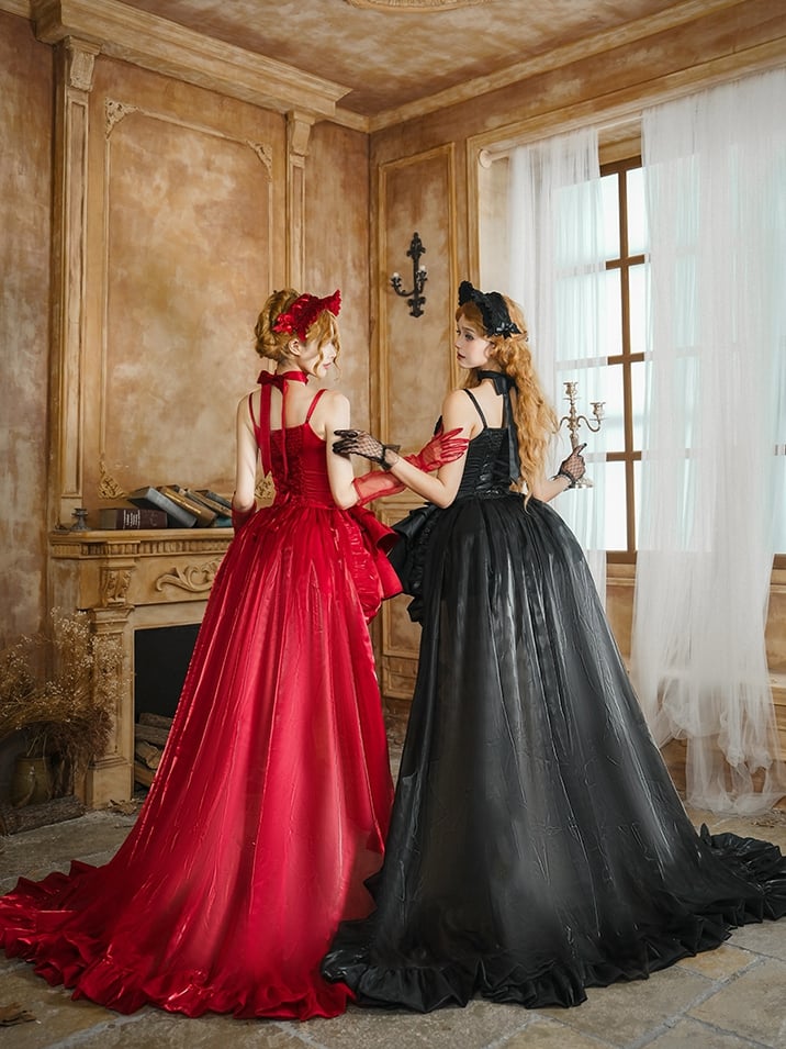 Lolita Vollschwarzes Spaghetti-Set mit Entbeinung, eleganter Taillen-Casual-Baskenrock, Ausschnitt, Kleid, Pullover