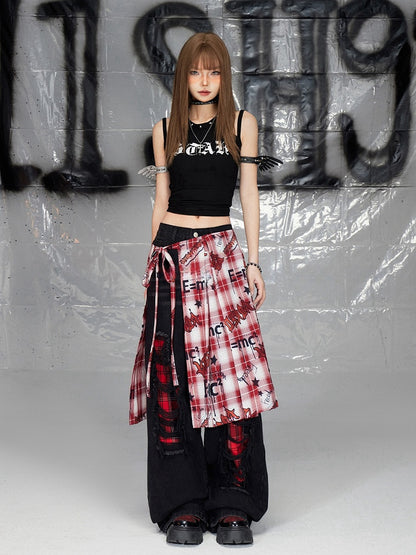 ブラックプリントデザイン ダブルショルダーストラップ ノースリーブトップス