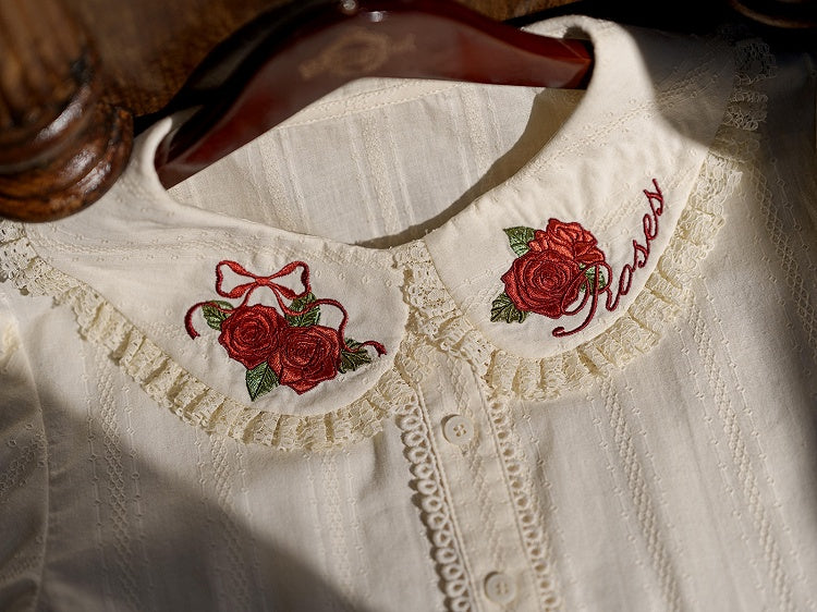Cream Short Sleeve Lolita Blouse with Red Rosette Embroidery Collar - Dream Magic Box