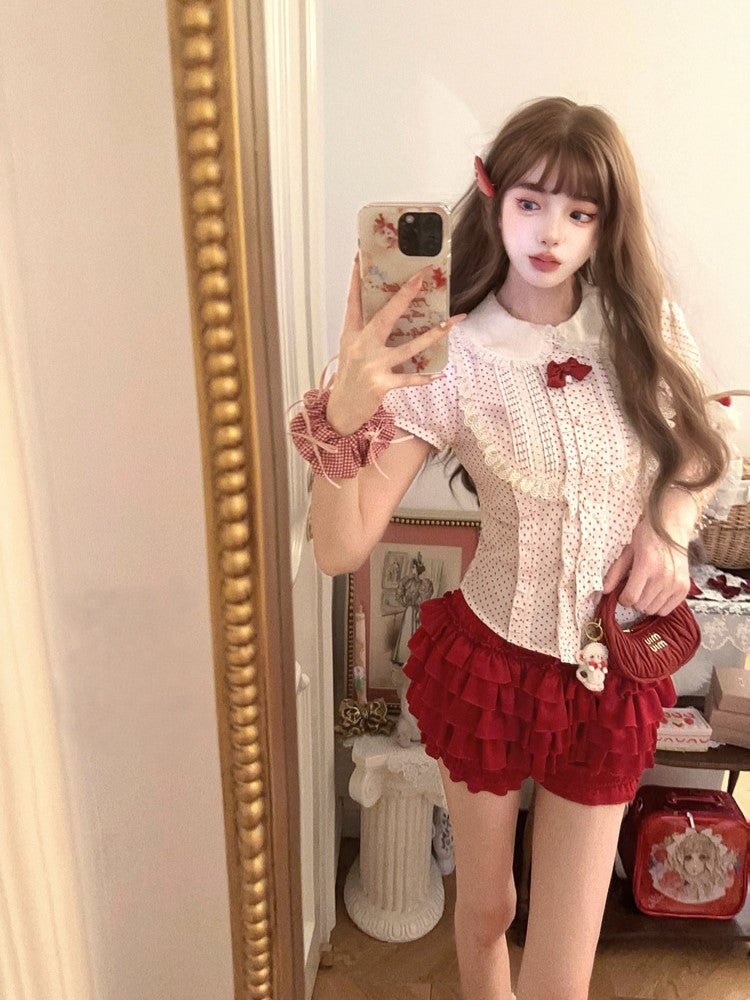 Polka mit Baumwolle Rote Bluse Punkt Akzente Weiß Dollcore