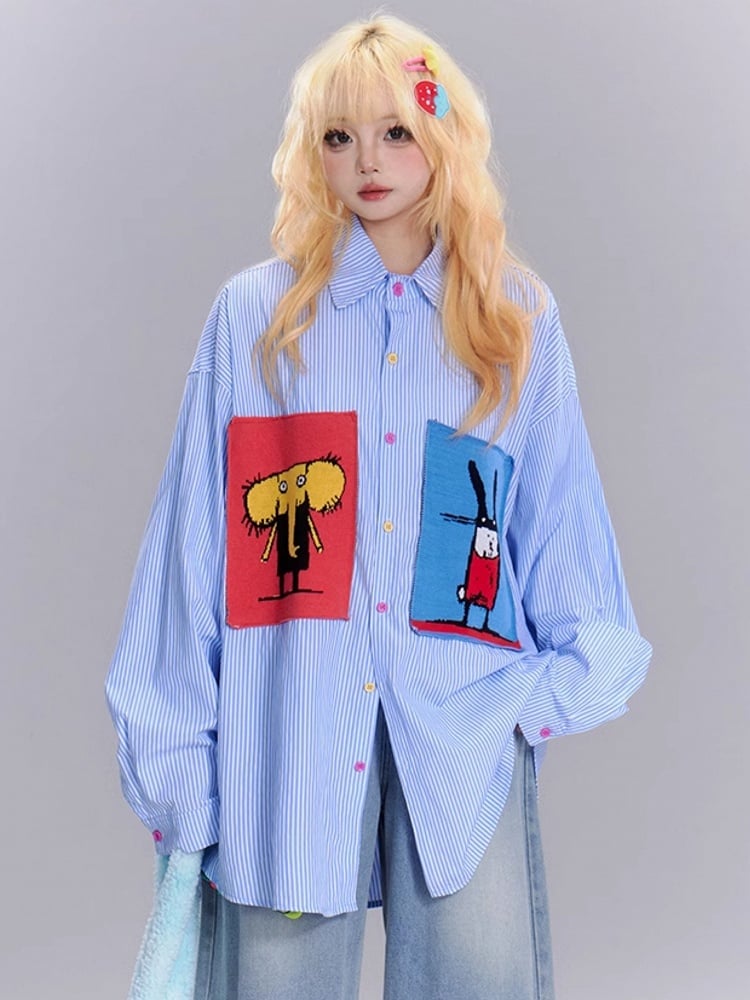Blue Cartoon Animal Appliques Striped Shirt