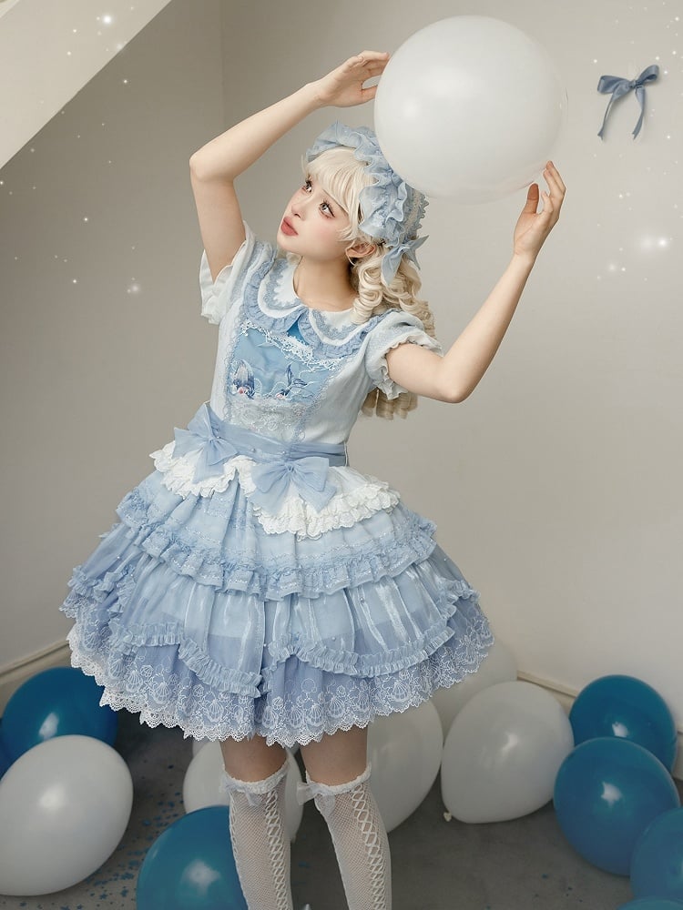 Mieder und Kragen Kleid Blau Peter Pan Print Stickerei Süß Weiß Strand Lolita Wal