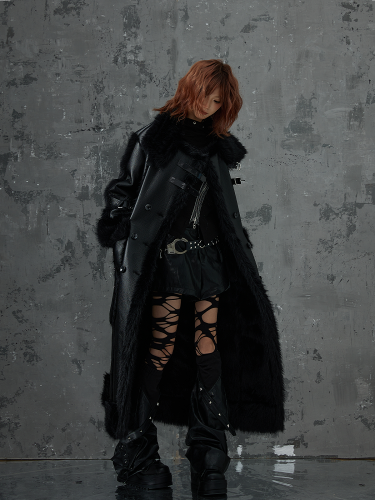 Buckles Metal Accents Fur Black Punk Coat Leather With Faux