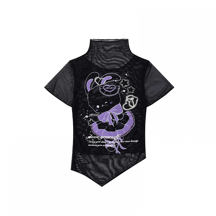 T-Shirt Schwarz Mock Neck Mesh Y2K Süßer Hasendruck Gebogener Saum