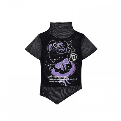 T-Shirt Schwarz Mock Neck Mesh Y2K Süßer Hasendruck Gebogener Saum