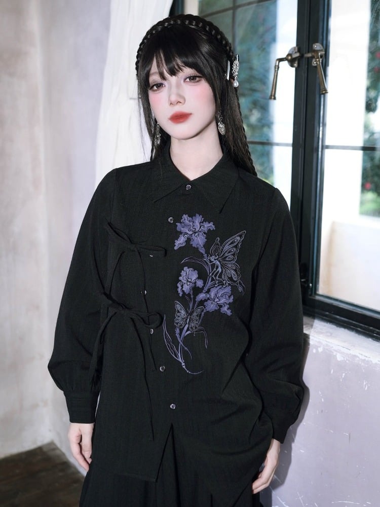 Gothic Long-Sleeve Shirt with Asymmetric Placket & Iris Print in Black Purple - Quirky Hut