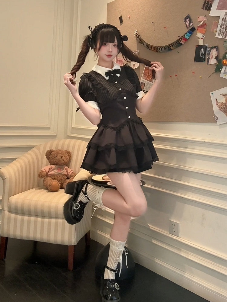 Shorts, Faux-Zweiteiler und Kleid, mehrlagiger Kei-Rock, Spitze, schwarzer Jirai-Streifen-Set – Besatz