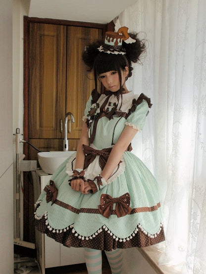 Mint Chocolate Cookie OP Dress with Pompom Bowknot Apron - Alice in Wonderland Lolita