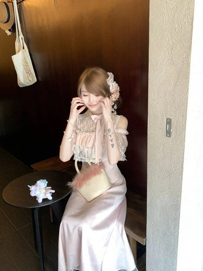 Pink Dress Illusion Neckline Off-Shoulder Kei Jirai Elegant Maxi with