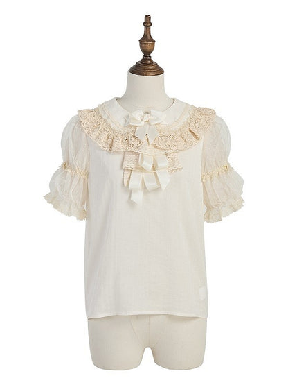 Beige Neckline with Blouse Lace-Trimmed Puff Sleeves