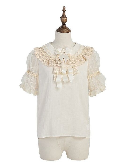 Beige Neckline with Blouse Lace-Trimmed Puff Sleeves