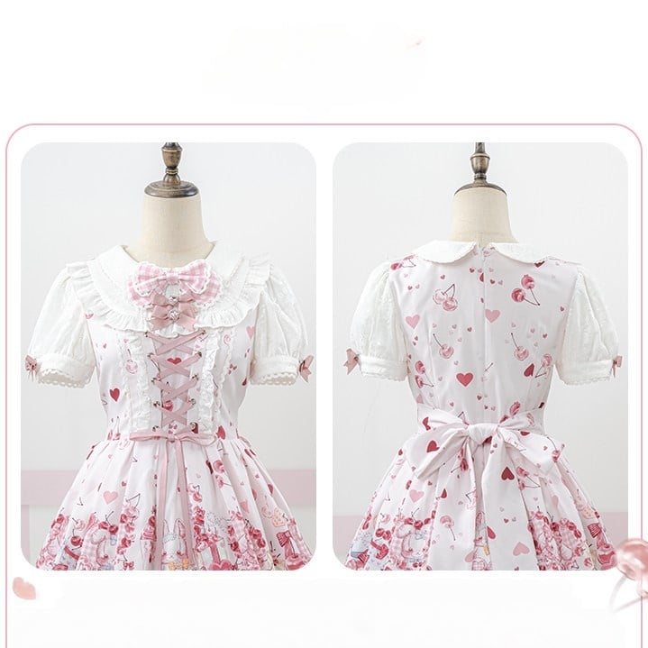 Pink Bunny and Cherry Print Short-Sleeve OP Dress with Matching Skirt - Doki Cherry