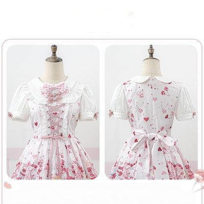 Pink Bunny and Cherry Print Short-Sleeve OP Dress with Matching Skirt - Doki Cherry