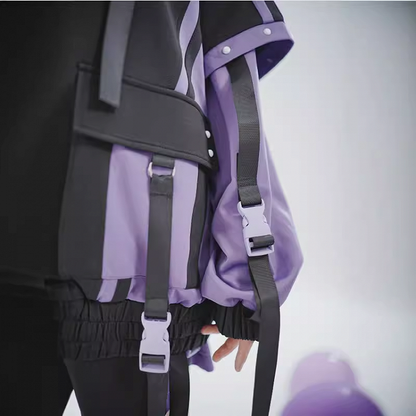 Tech Purple Colorblock Design with Decorative Snaps Landmine Style Baggy Jacket Black and