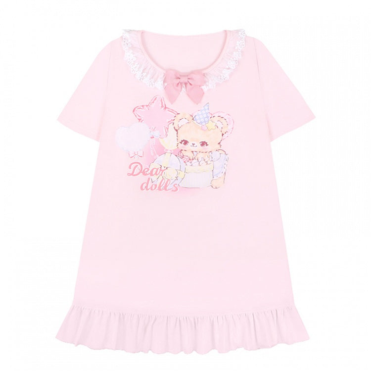 Adorable Teddy Bear Print Bowknot Ruffled Dress Neckline Embellished Pink/Yellow Mini
