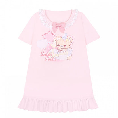 Adorable Teddy Bear Print Bowknot Ruffled Dress Neckline Embellished Pink/Yellow Mini