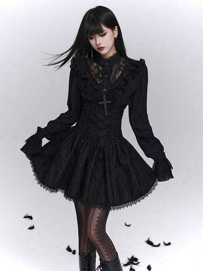 Floral Embroidery A-Line with Skirt Gothic Black Trim Lace