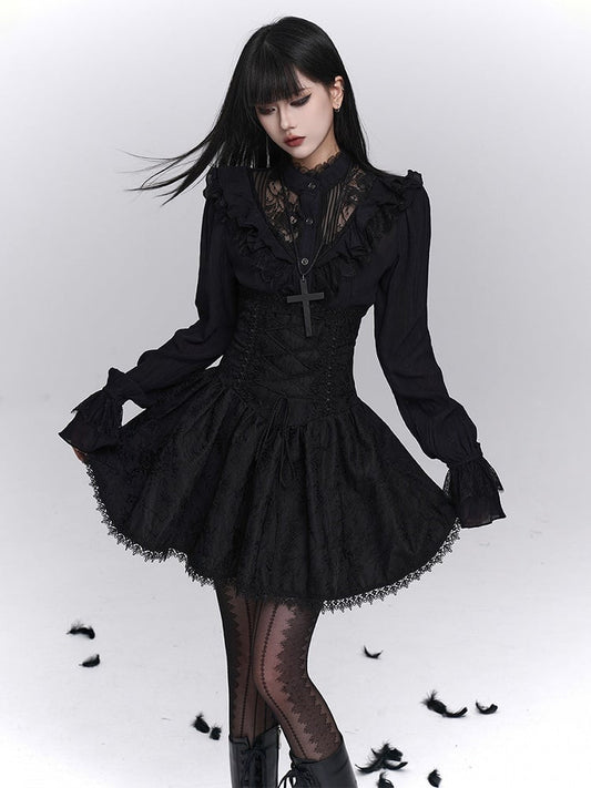Floral Embroidery A-Line with Skirt Gothic Black Trim Lace