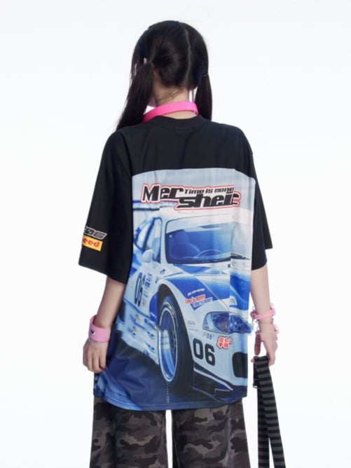 Blau Schwarz und T-Shirt Colorblock V-Ausschnitt Racing Print Loses Design