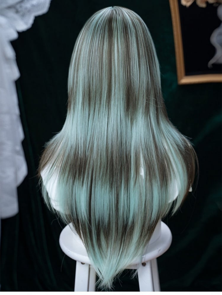 Mint Green & Chocolate Highlight 73cm Straight Full Bangs Wig - Alice Garden