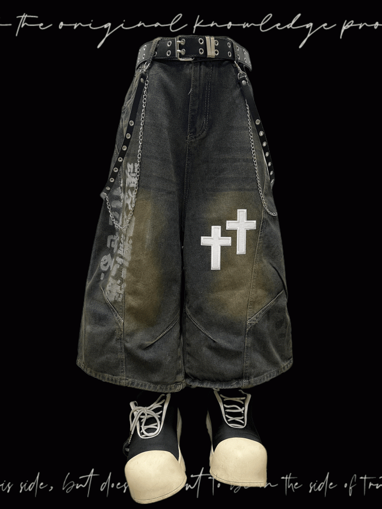 Blue Dark Wide-Leg Jeans Faded Wash Cross Appliques Distressed