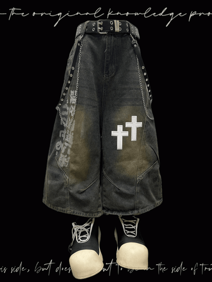 Blue Dark Wide-Leg Jeans Faded Wash Cross Appliques Distressed