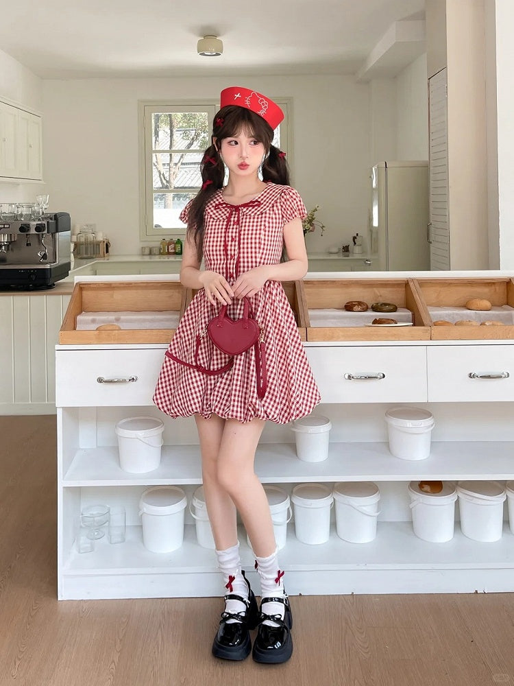 Skirt Plaid Sleeves Bubble Red Peter Pan Collar Puff Dress