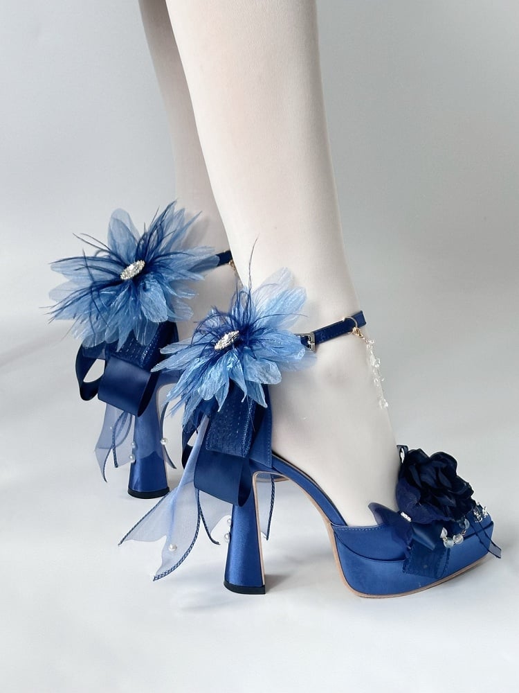 Dark Blue Pointed-Toe Platform Heels with Flower Embellishments - A Sky Rabbit