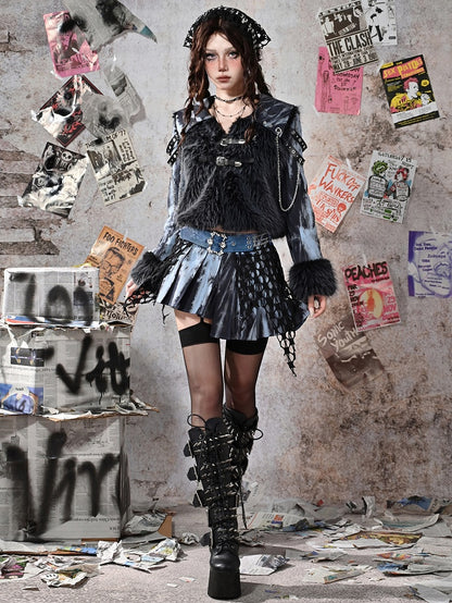 グランジパンクロックブルーフェイクファーパッチワークジャケットチェーンディテール