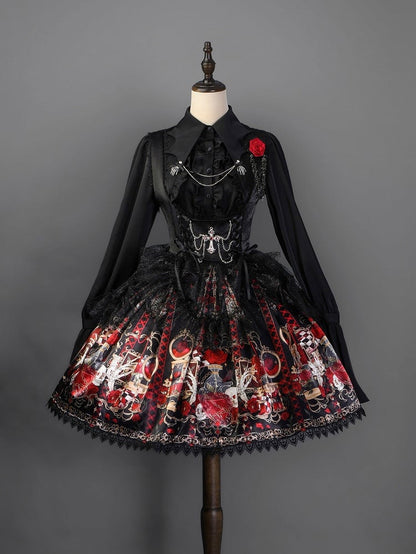 Bust Skull Short Gothic Spider Red and Under Rosette Lolita JSK Overlay with Dress Print Web