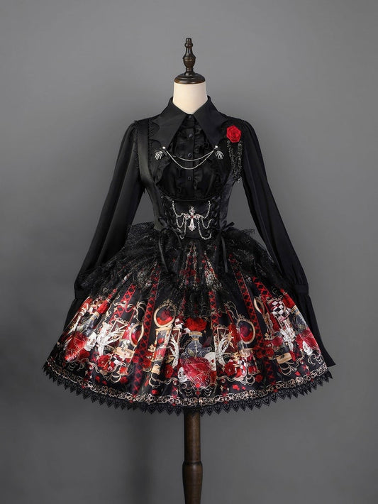 Bust Skull Short Gothic Spider Red and Under Rosette Lolita JSK Overlay with Dress Print Web