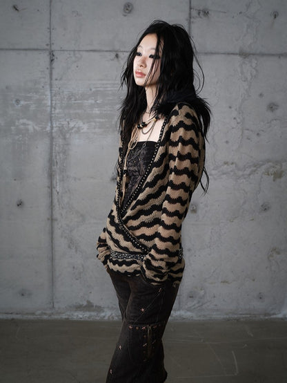 Bustier-Set-Top Braun Strick Gestreift Dekonstruiert Flügel Schwarz Print