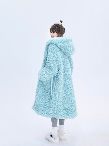 Light Winter Coat Blue for Hooded Drawstrings Fleece Long with