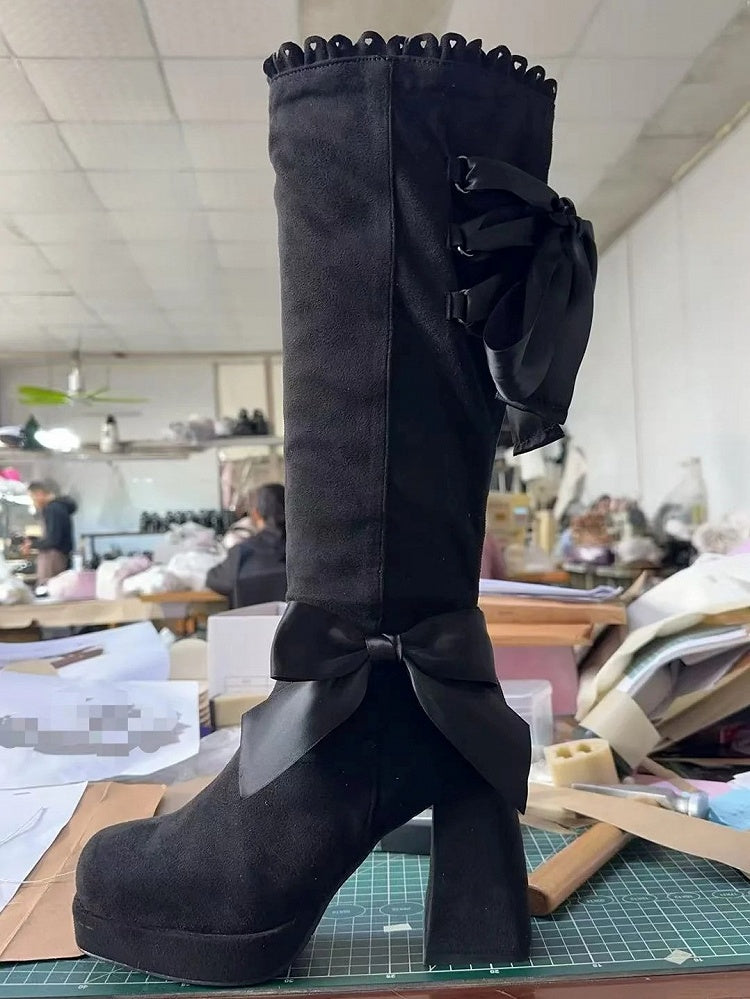 Boots Bow Accents High Heel Zipper Suede Black Inner Block Side with Elegant Lolita